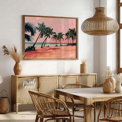 This beautiful painting captures a tranquil beach scene with a solitary figure lounging amidst palm… for dining room