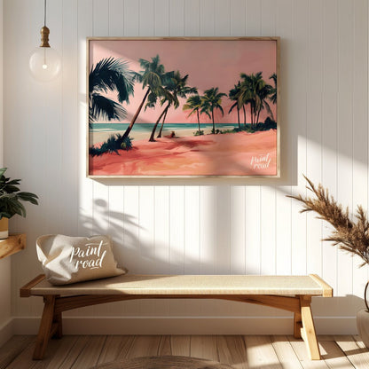 This beautiful painting captures a tranquil beach scene with a solitary figure lounging amidst palm… for entryway