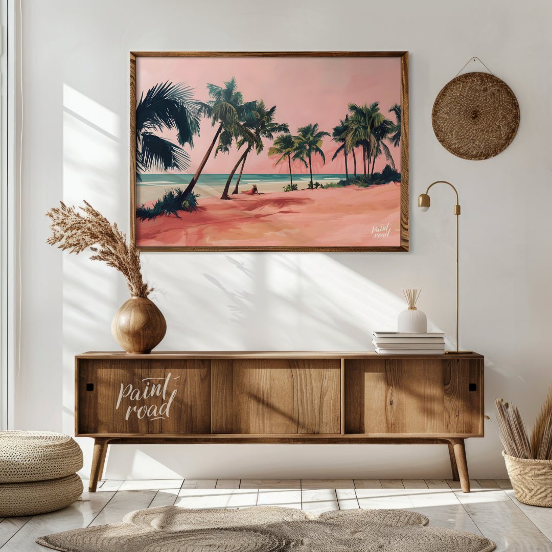 This beautiful painting captures a tranquil beach scene with a solitary figure lounging amidst palm… for living room