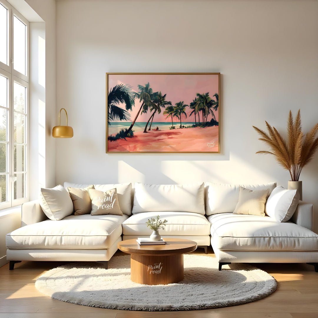 This beautiful painting captures a tranquil beach scene with a solitary figure lounging amidst palm… for living room