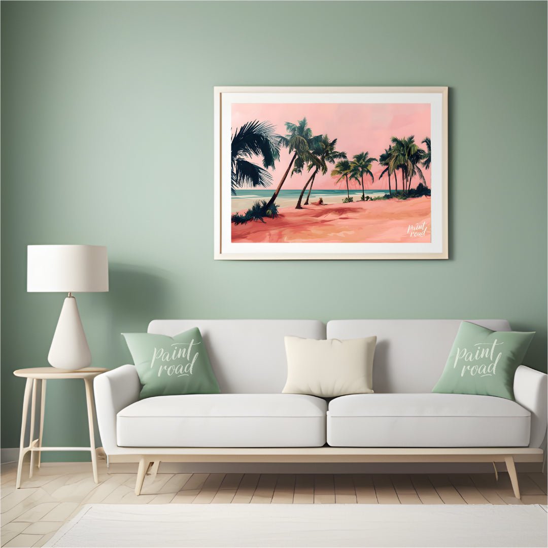 This beautiful painting captures a tranquil beach scene with a solitary figure lounging amidst palm… for living room