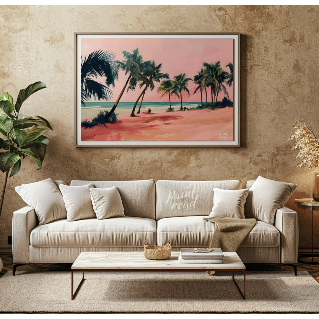This beautiful painting captures a tranquil beach scene with a solitary figure lounging amidst palm… for living room