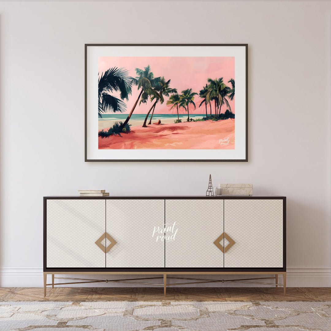 This beautiful painting captures a tranquil beach scene with a solitary figure lounging amidst palm… for living room