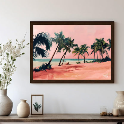 This beautiful painting captures a tranquil beach scene with a solitary figure lounging amidst palm… for living room