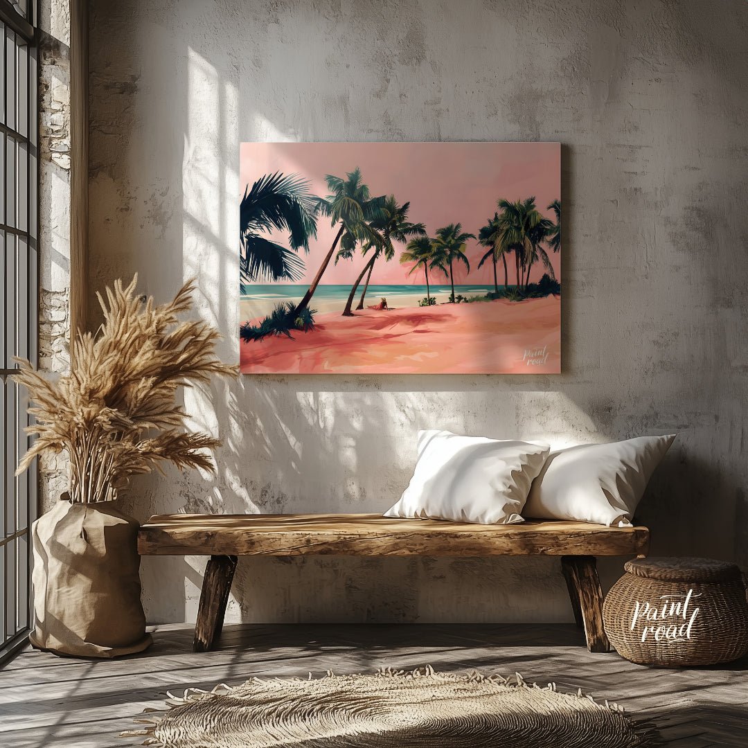 This beautiful painting captures a tranquil beach scene with a solitary figure lounging amidst palm… for living room