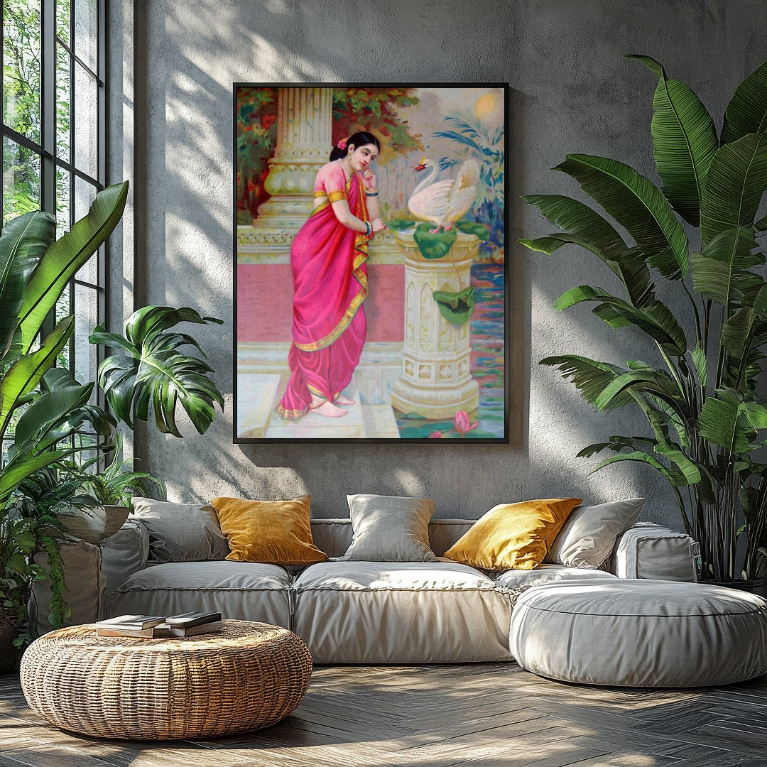 This exquisite artwork captures a serene moment of beauty and grace. A woman adorned in a vibrant for Balcony