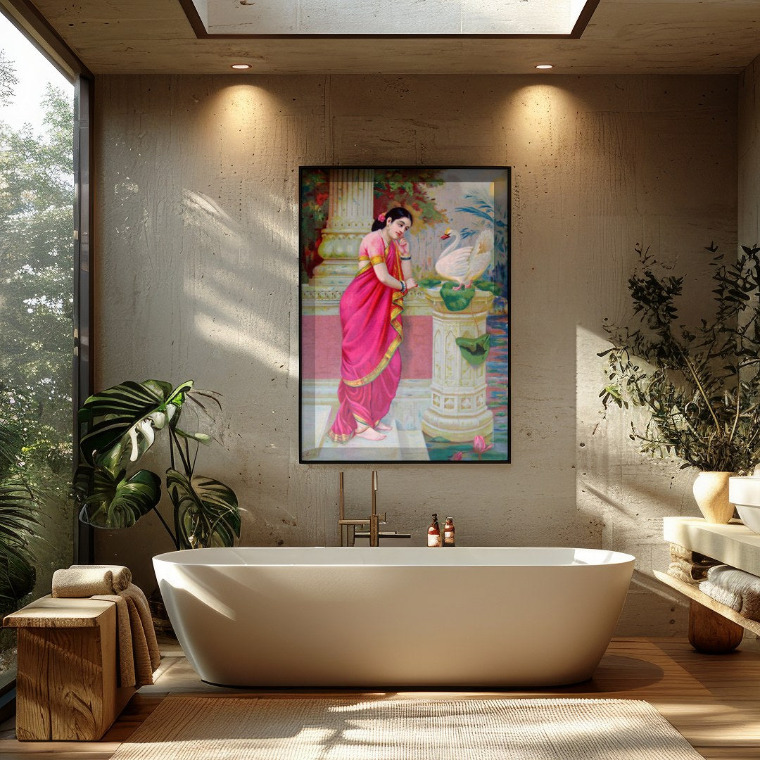 This exquisite artwork captures a serene moment of beauty and grace. A woman adorned in a vibrant for Bathroom