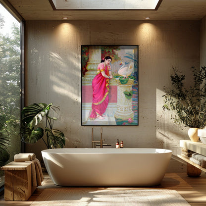 This exquisite artwork captures a serene moment of beauty and grace. A woman adorned in a vibrant for Bathroom