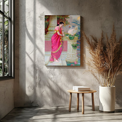 This exquisite artwork captures a serene moment of beauty and grace. A woman adorned in a vibrant for Entrance