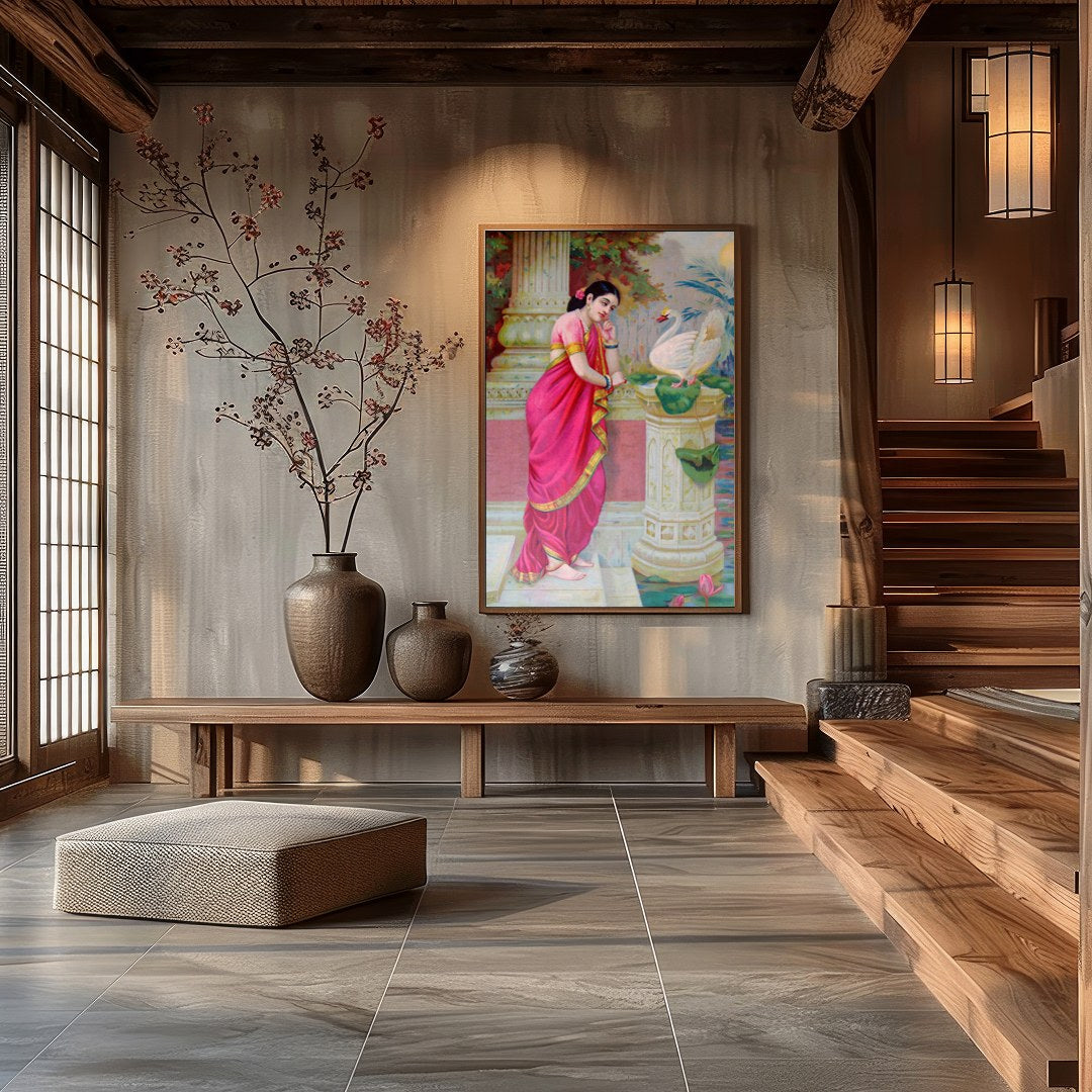 This exquisite artwork captures a serene moment of beauty and grace. A woman adorned in a vibrant for Hall