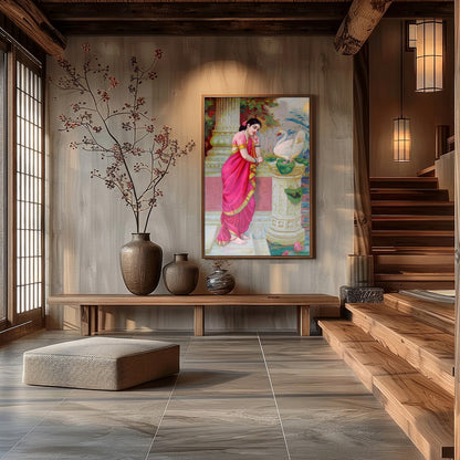 This exquisite artwork captures a serene moment of beauty and grace. A woman adorned in a vibrant for Hall