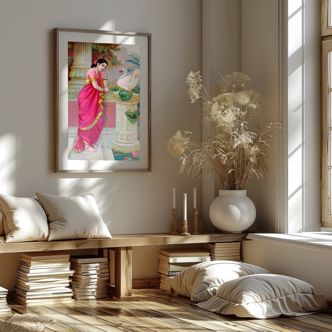 This exquisite artwork captures a serene moment of beauty and grace. A woman adorned in a vibrant for hallway