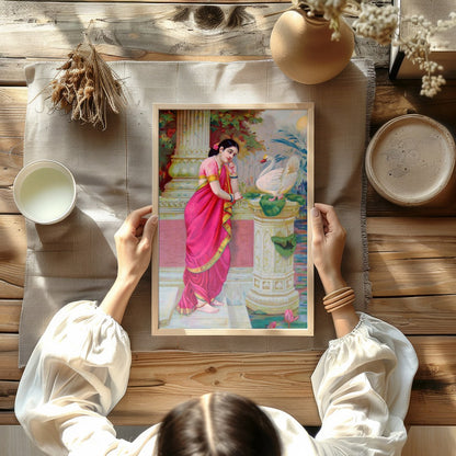 This exquisite artwork captures a serene moment of beauty and grace. A woman adorned in a vibrant for Kitchen