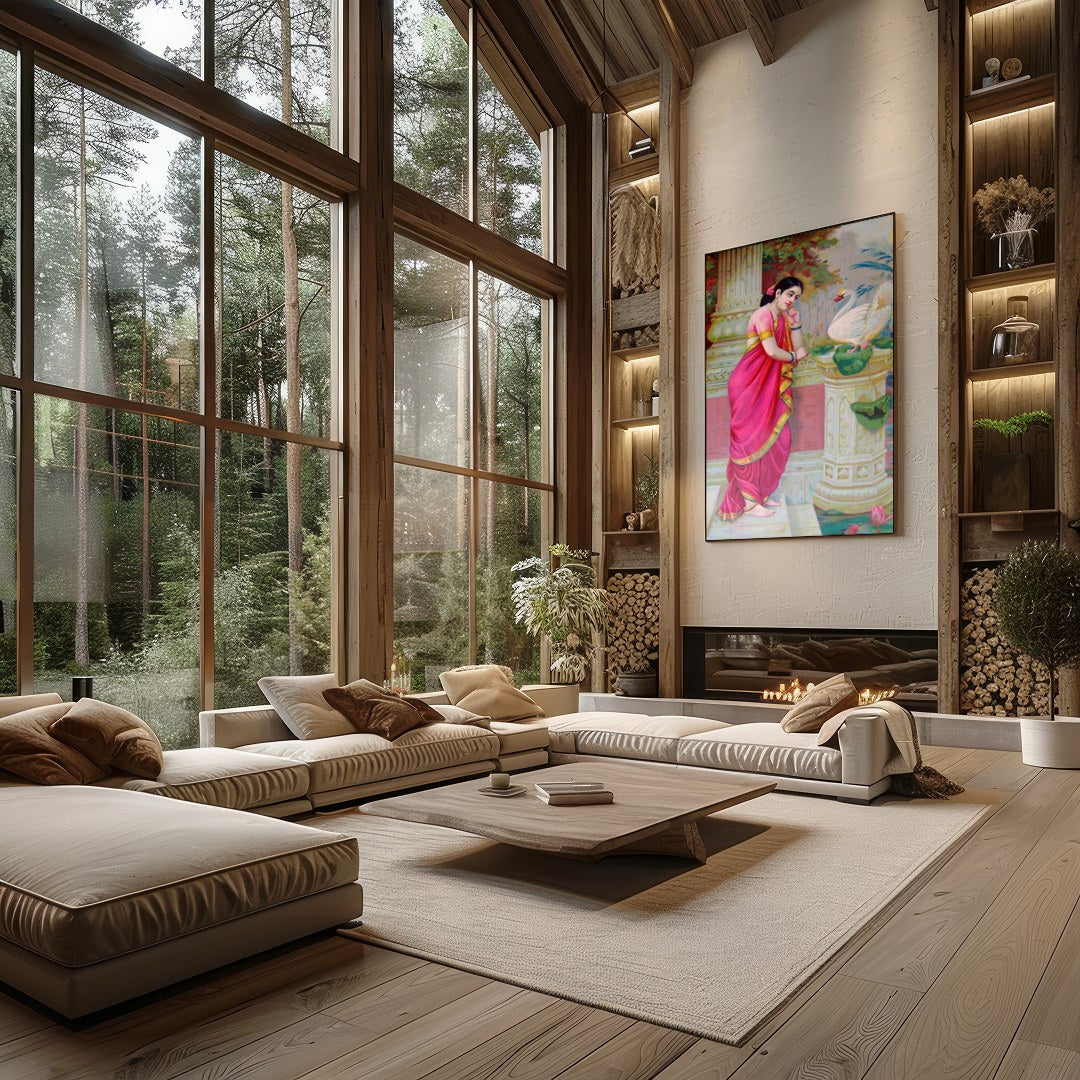 This exquisite artwork captures a serene moment of beauty and grace. A woman adorned in a vibrant for Living Room