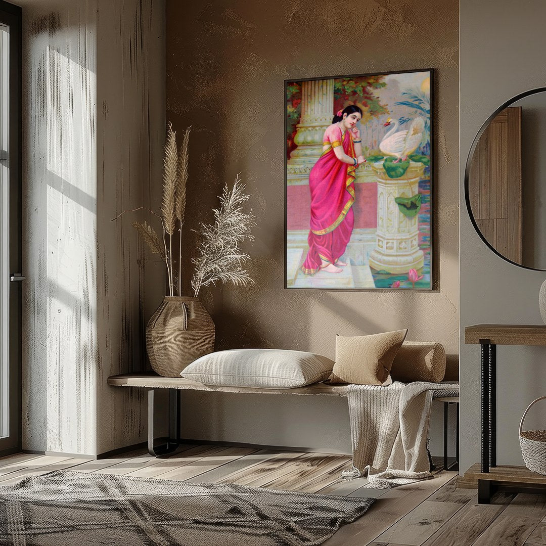 This exquisite artwork captures a serene moment of beauty and grace. A woman adorned in a vibrant for nook