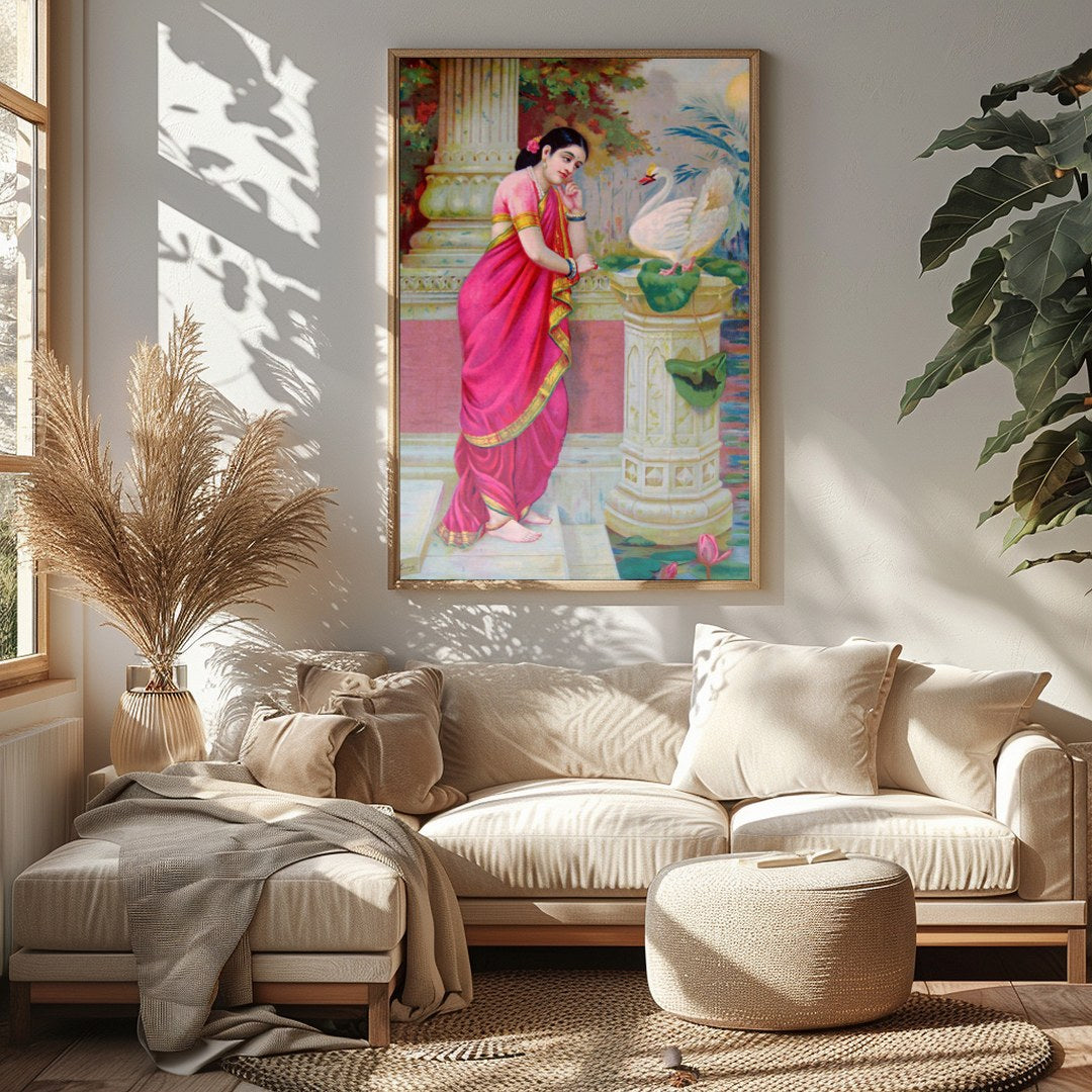 This exquisite artwork captures a serene moment of beauty and grace. A woman adorned in a vibrant for Sitting Area