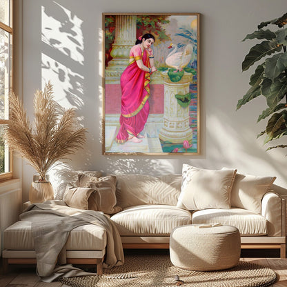 This exquisite artwork captures a serene moment of beauty and grace. A woman adorned in a vibrant for Sitting Area