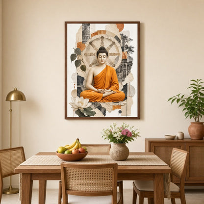 Experience the tranquil elegance of Lord Buddha seated amidst the symbolic Wheel of Dharma. This for Dining