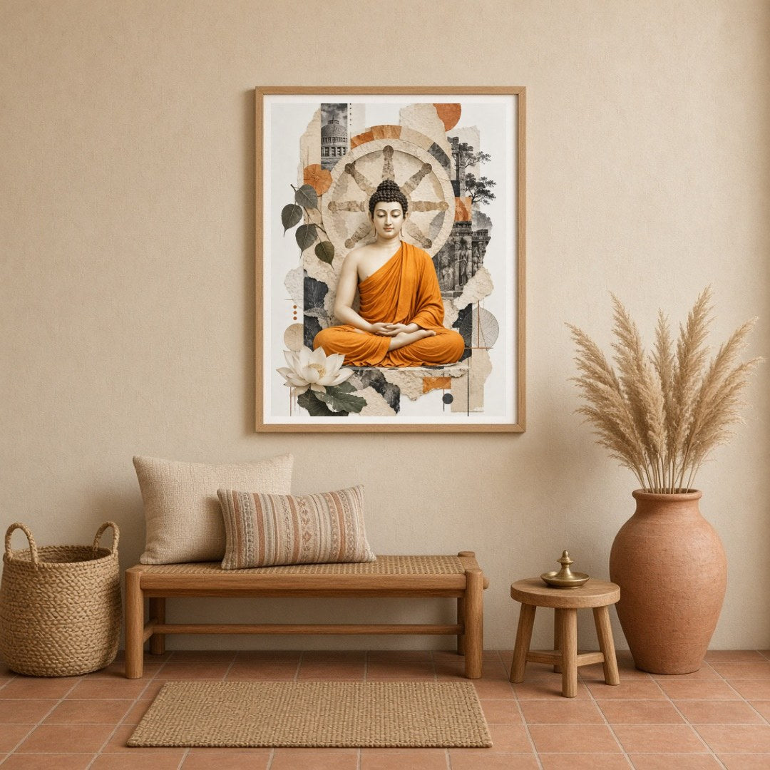 Experience the tranquil elegance of Lord Buddha seated amidst the symbolic Wheel of Dharma. This for Entrance