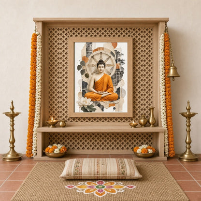 Experience the tranquil elegance of Lord Buddha seated amidst the symbolic Wheel of Dharma. This for Home Temple