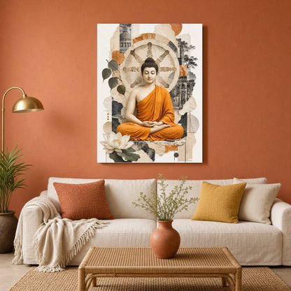 Experience the tranquil elegance of Lord Buddha seated amidst the symbolic Wheel of Dharma. This for Living Room