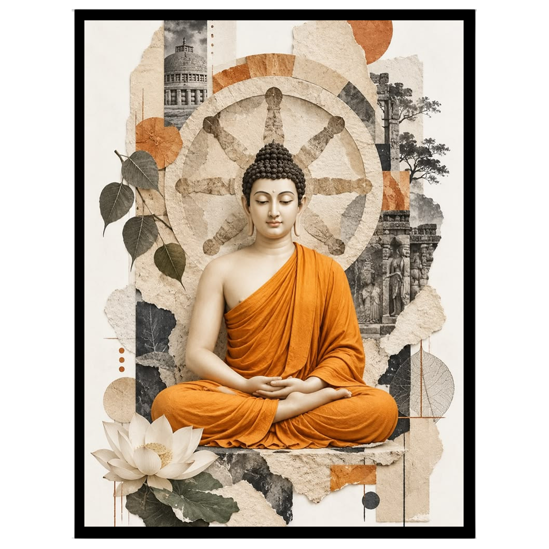 Experience the tranquil elegance of Lord Buddha seated amidst the symbolic Wheel of Dharma. This for retreat