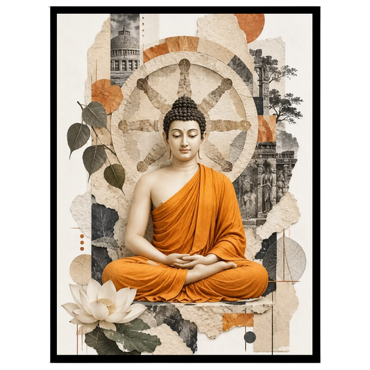 Experience the tranquil elegance of Lord Buddha seated amidst the symbolic Wheel of Dharma. This for retreat
