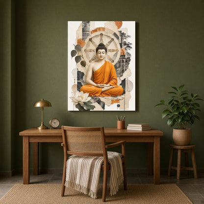Experience the tranquil elegance of Lord Buddha seated amidst the symbolic Wheel of Dharma. This for Study