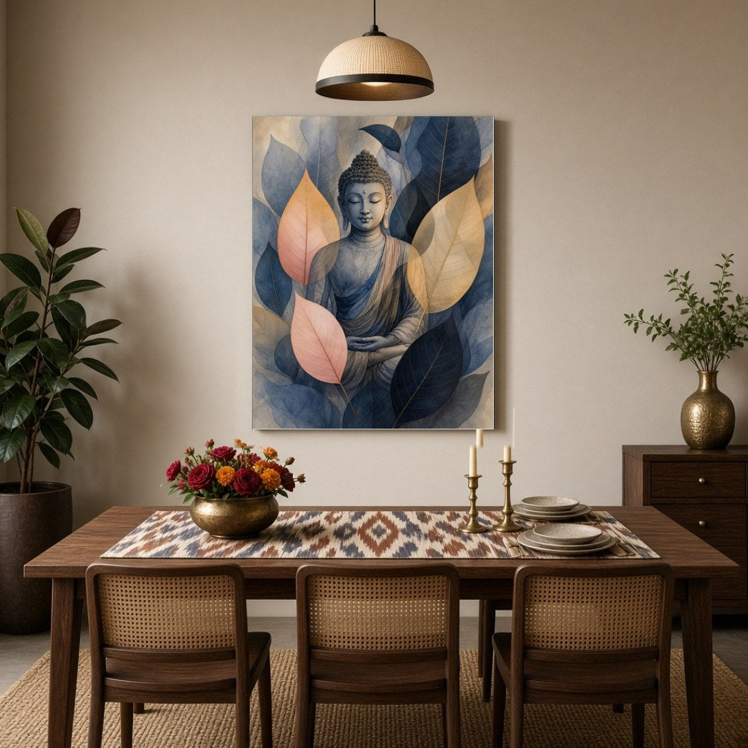 Immerse yourself in tranquility with this stunning artwork depicting Lord Buddha enveloped by for Dining