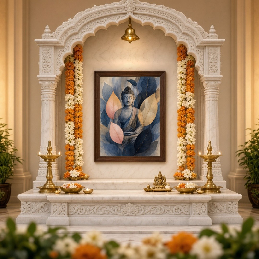 Immerse yourself in tranquility with this stunning artwork depicting Lord Buddha enveloped by for Home Temple
