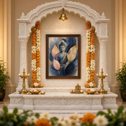 Immerse yourself in tranquility with this stunning artwork depicting Lord Buddha enveloped by for Home Temple