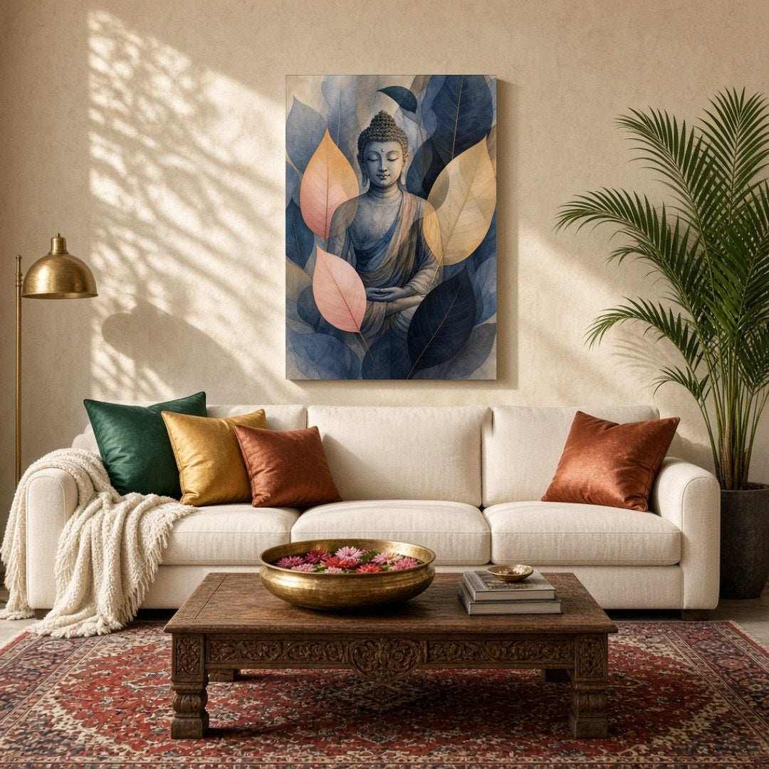 Immerse yourself in tranquility with this stunning artwork depicting Lord Buddha enveloped by for Living Room