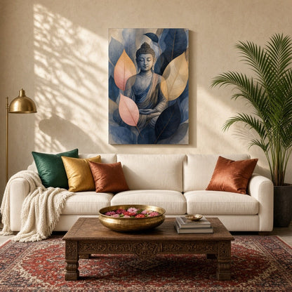 Immerse yourself in tranquility with this stunning artwork depicting Lord Buddha enveloped by for Living Room