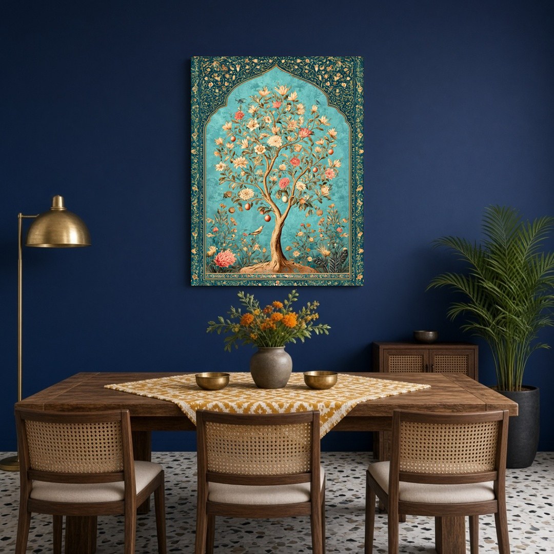 Immerse in the opulent elegance of this majestic Tree of Life, beautifully rendered in Mughal for Dining