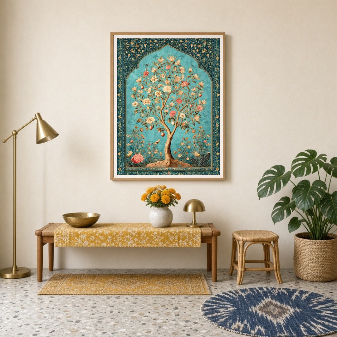 Immerse in the opulent elegance of this majestic Tree of Life, beautifully rendered in Mughal for Entrance