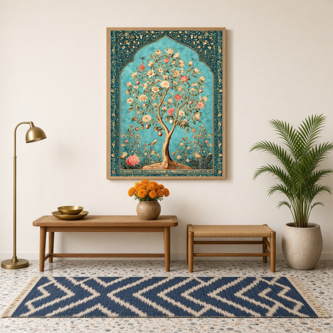 Immerse in the opulent elegance of this majestic Tree of Life, beautifully rendered in Mughal for Hallway