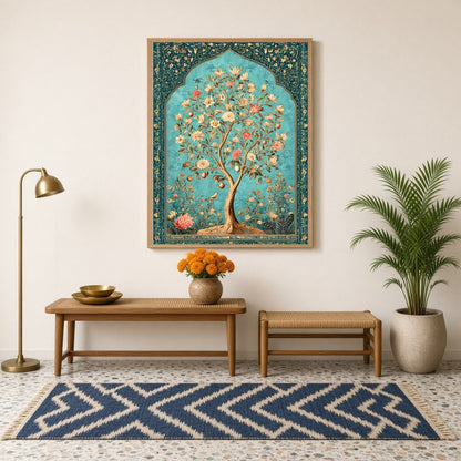 Immerse in the opulent elegance of this majestic Tree of Life, beautifully rendered in Mughal for Hallway