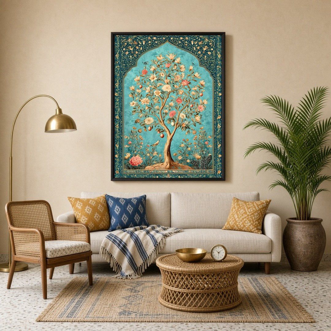 Immerse in the opulent elegance of this majestic Tree of Life, beautifully rendered in Mughal for Living Room