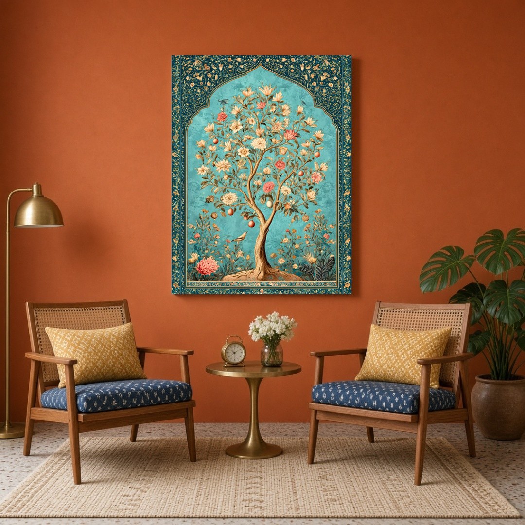 Immerse in the opulent elegance of this majestic Tree of Life, beautifully rendered in Mughal for Sitting Area