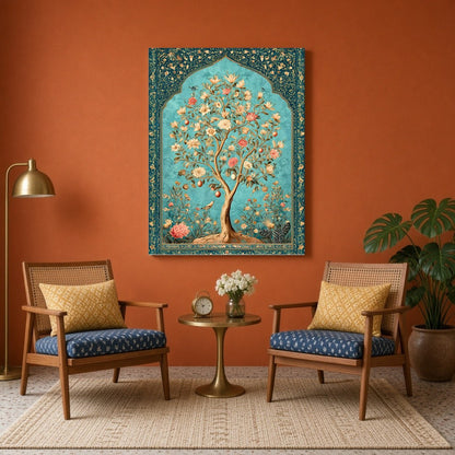 Immerse in the opulent elegance of this majestic Tree of Life, beautifully rendered in Mughal for Sitting Area