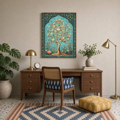 Immerse in the opulent elegance of this majestic Tree of Life, beautifully rendered in Mughal for Study