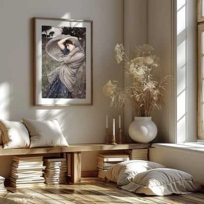 This captivating artwork captures a moment of serene beauty, as a woman stands gracefully amidst a for area