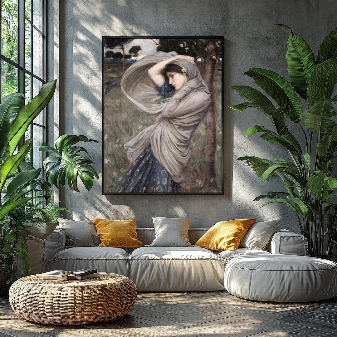This captivating artwork captures a moment of serene beauty, as a woman stands gracefully amidst a for Balcony