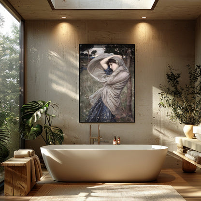 This captivating artwork captures a moment of serene beauty, as a woman stands gracefully amidst a for Bathroom