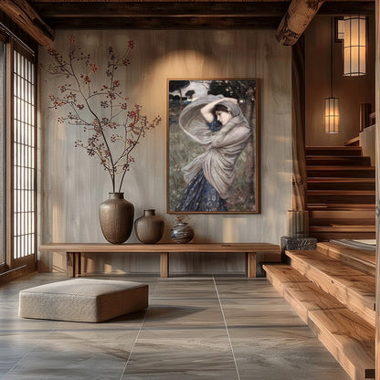 This captivating artwork captures a moment of serene beauty, as a woman stands gracefully amidst a for Hall