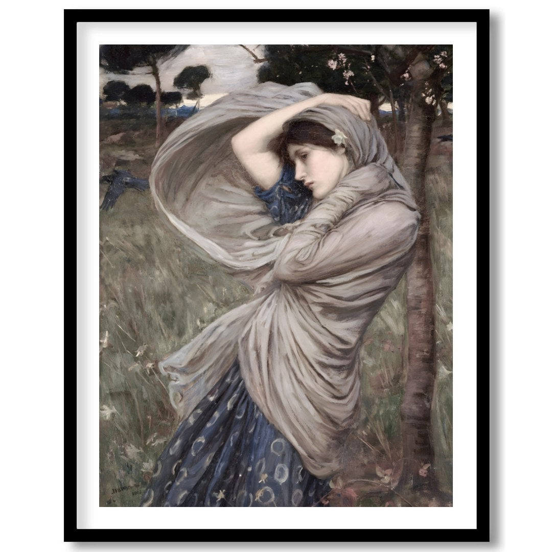 This captivating artwork captures a moment of serene beauty, as a woman stands gracefully amidst a for house