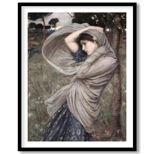 This captivating artwork captures a moment of serene beauty, as a woman stands gracefully amidst a for house