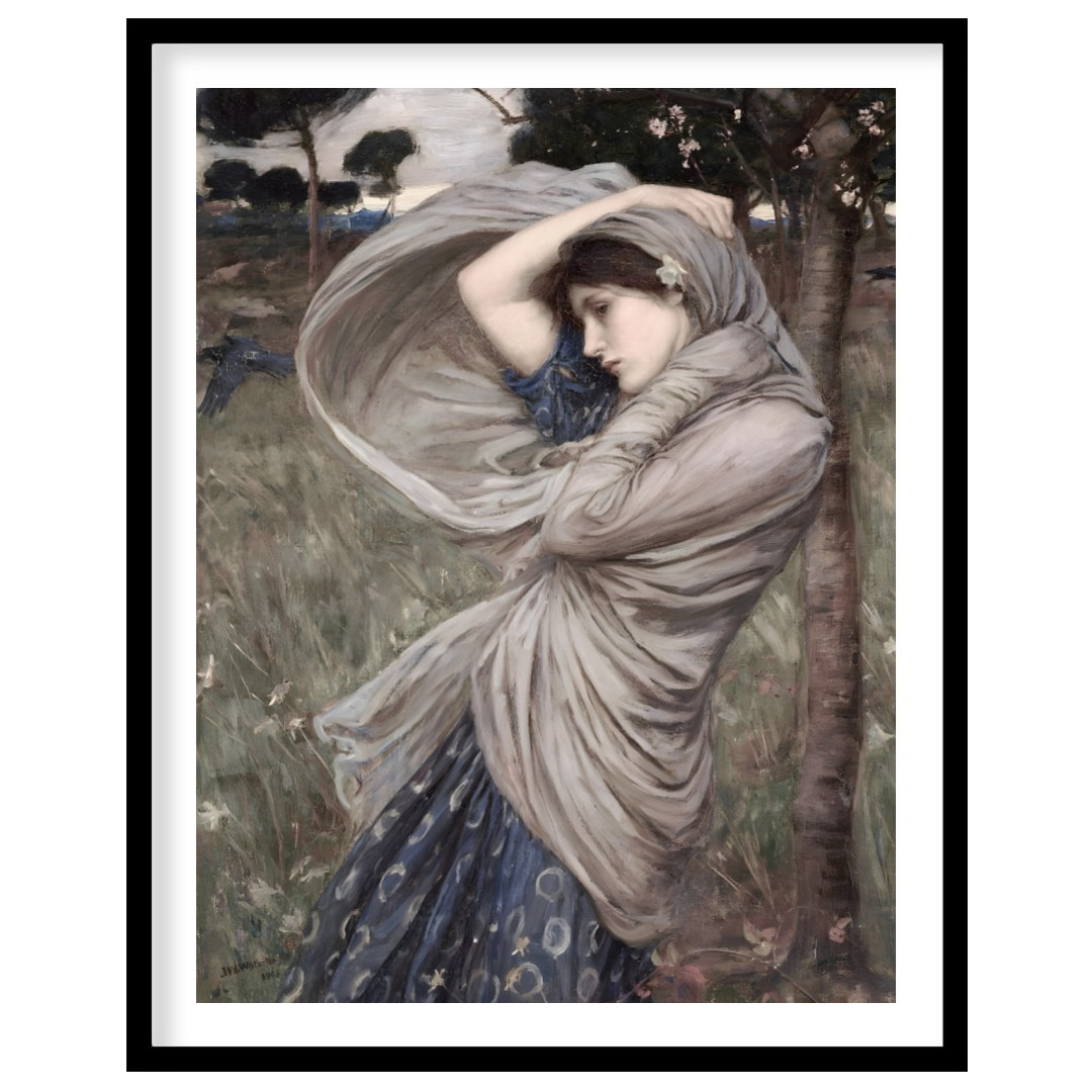 This captivating artwork captures a moment of serene beauty, as a woman stands gracefully amidst a for house