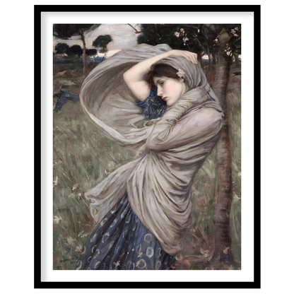 This captivating artwork captures a moment of serene beauty, as a woman stands gracefully amidst a for house