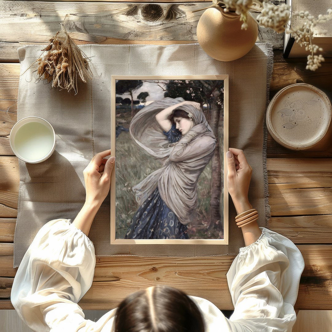 This captivating artwork captures a moment of serene beauty, as a woman stands gracefully amidst a for Kitchen